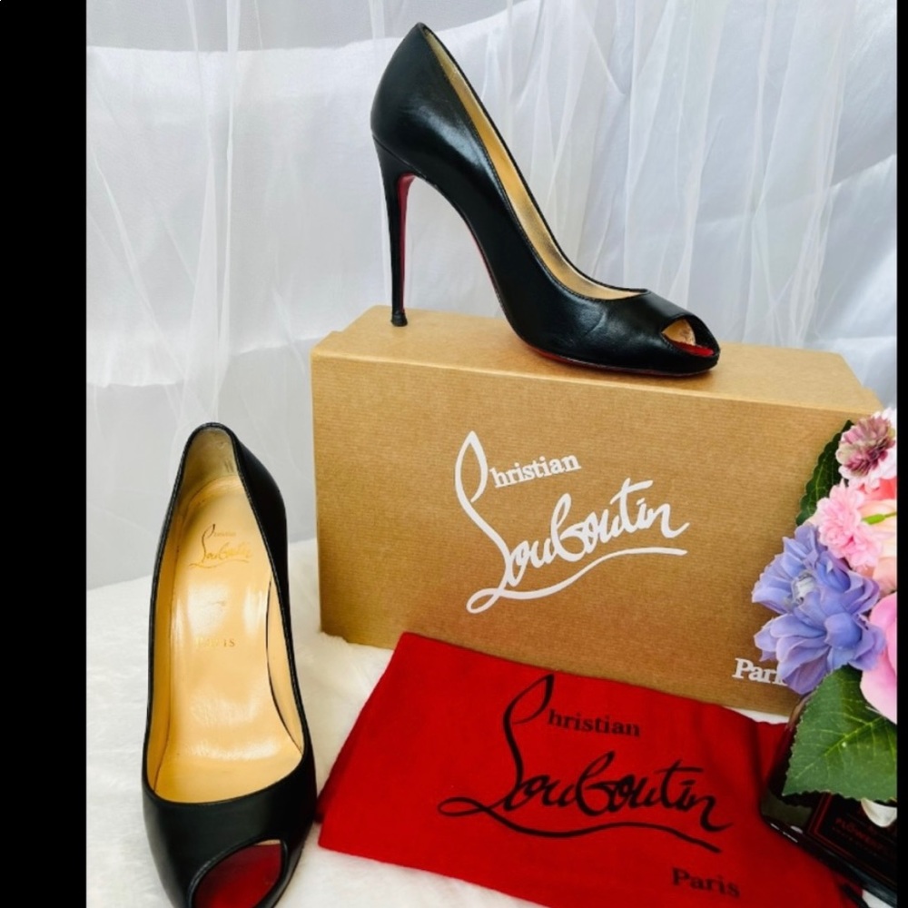 Christian Louboutin Troulili 100 Black Shiny Nappa Leather Peep Toe Pumps EU 36